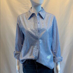 NWT White House Black Market Blue & White Stripe Sequin Button-Down Shirt Size 6